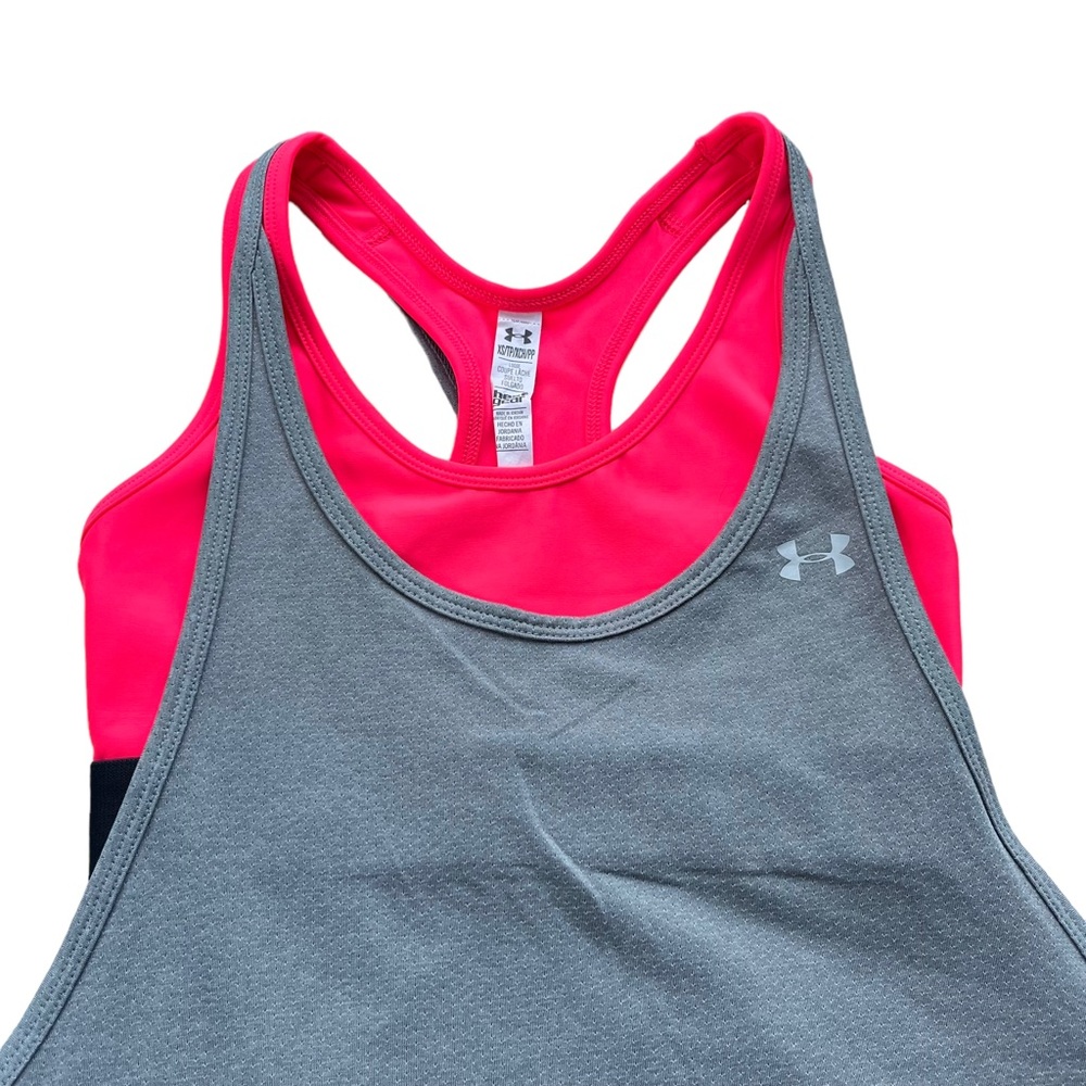 Under Armour Heat Gear Women’s XS Gray Hot Pink Loose Fitting Tank & Sports Bra